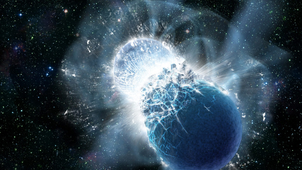 Colliding-Neutron-Stars-Produce-Gold-NASA Artist's depiction of a neutron star collision after inspiral. Credit: NASA/ Swift/ Dana Berry